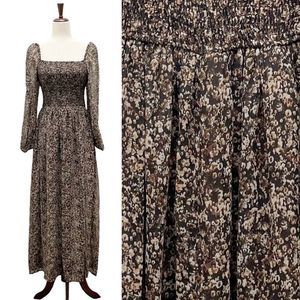 Bohme Prairie Maxi Smocked Floral Peasant Dress Brown Taupe Women’s Size Small